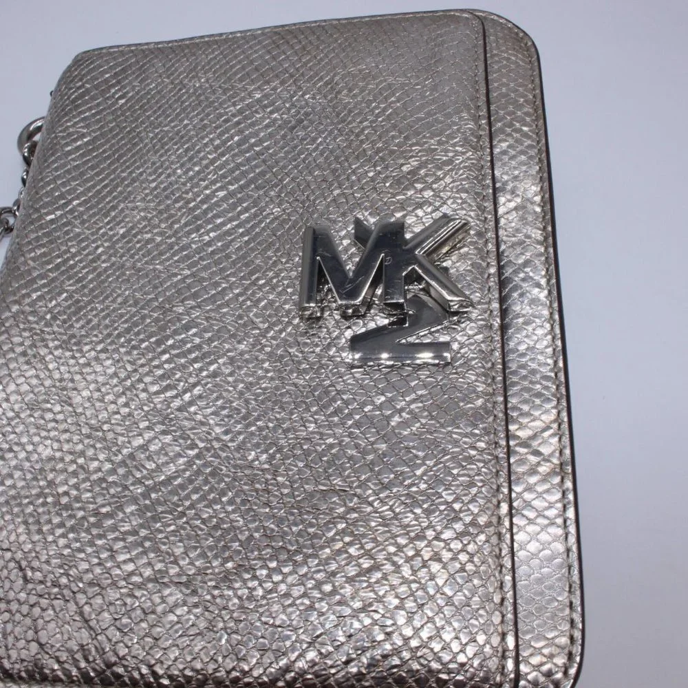 Michael Kors Silver Snake Mott Leather Chain Swag Shoulder Crossbody Bag Purse